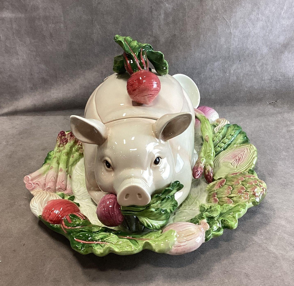 Fitz and Floyd French Market Pig Ceramic Covered Soup Tureen with Ladle and Original Box