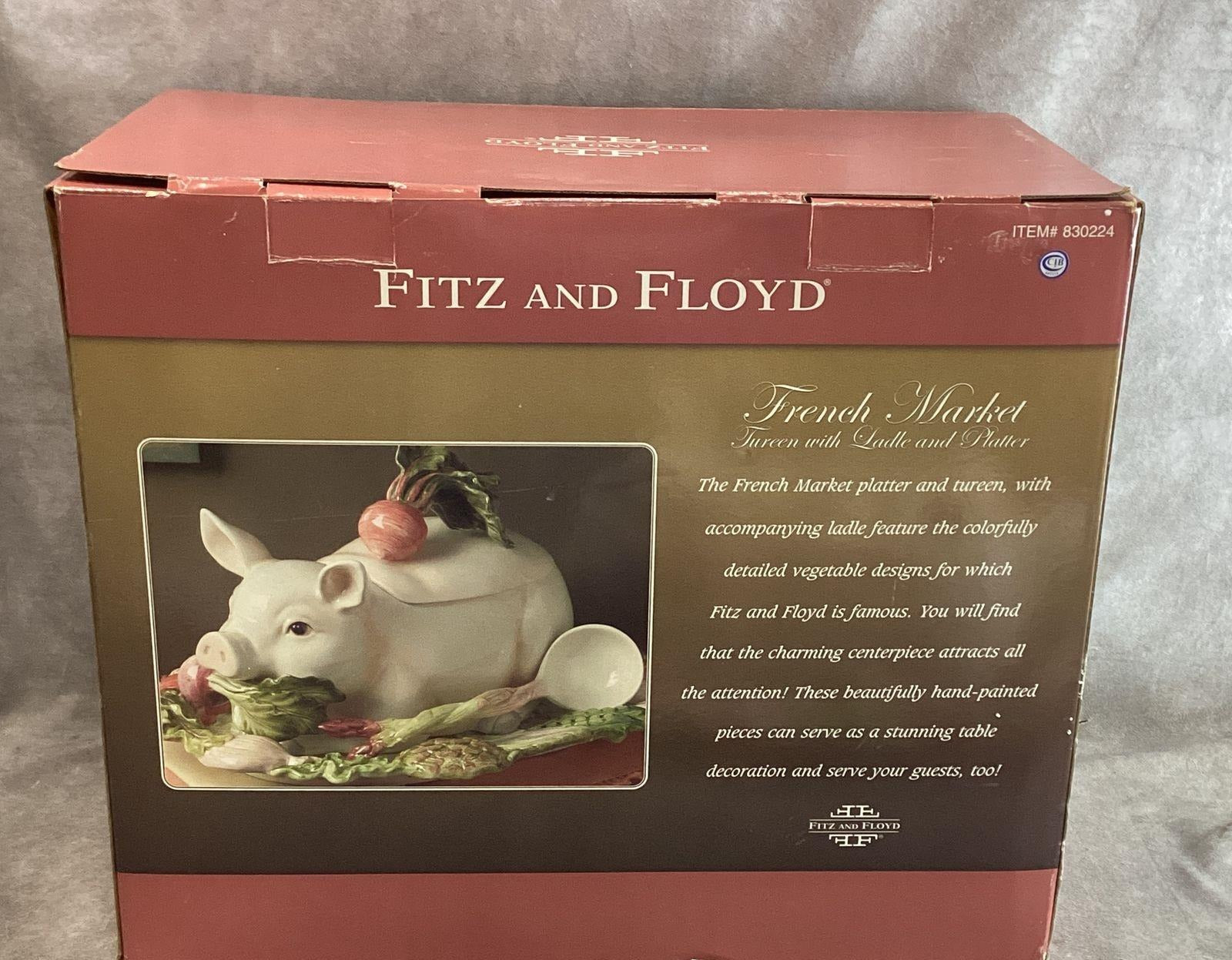 Fitz and Floyd French Market Pig Ceramic Covered Soup Tureen with Ladle and Original Box