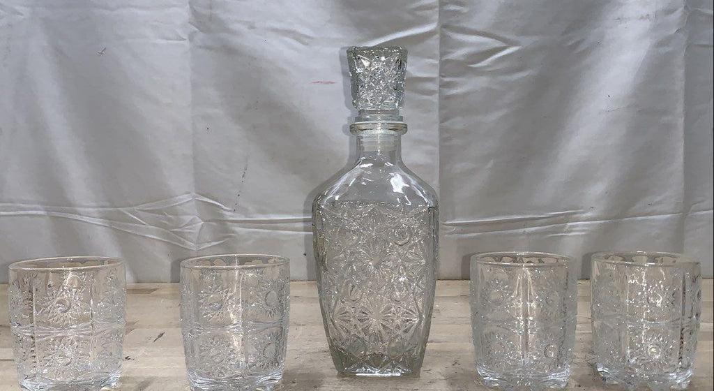 Godinger Studio Crystal Whiskey Set 5pc Decanter 4 DOF Glasses Sunburst Pattern