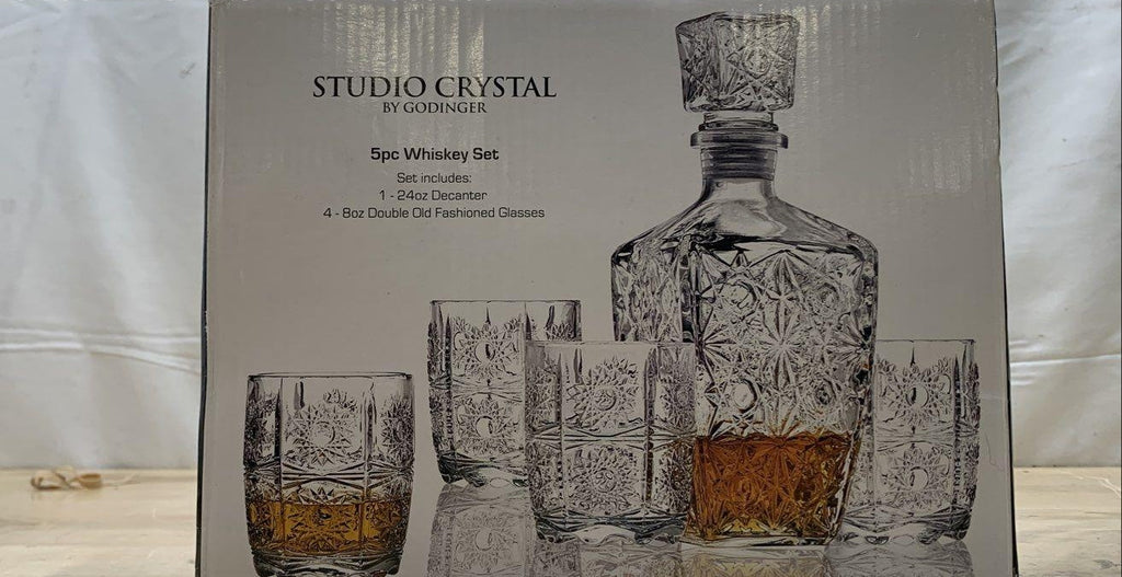 Godinger Studio Crystal Whiskey Set 5pc Decanter 4 DOF Glasses Sunburst Pattern