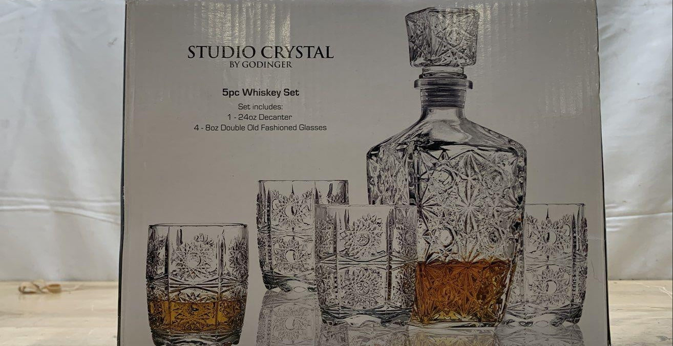 Godinger Studio Crystal Whiskey Set 5pc Decanter 4 DOF Glasses Sunburst Pattern
