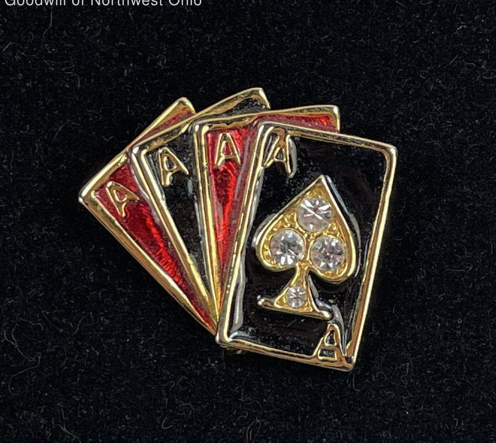Gold Tone Glass Gems Enamel 4-Of-A-Kind Ace Poker Cards Brooch