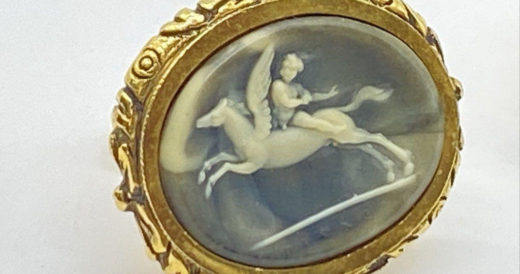 Vintage Gold Tone Pegasus Cameo Cuff Links | Blue Intaglio Mythology Revival Men's Accessories