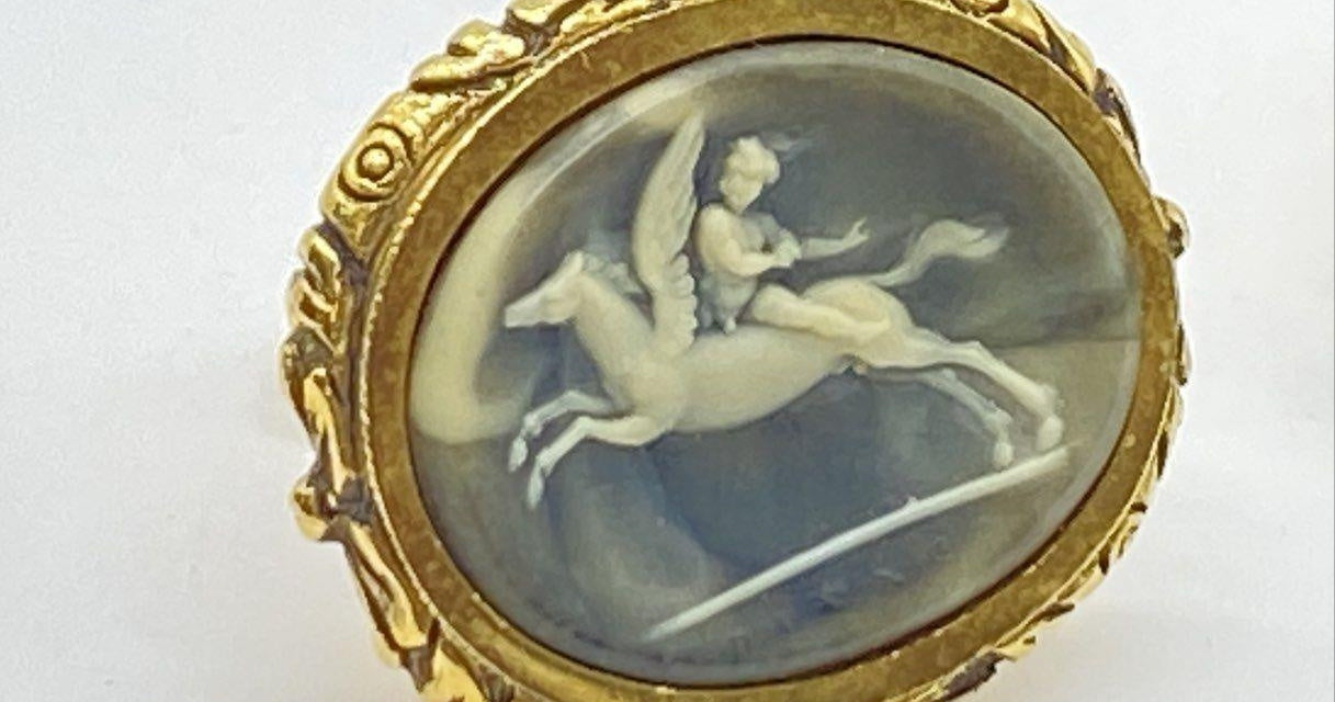Vintage Gold Tone Pegasus Cameo Cuff Links | Blue Intaglio Mythology Revival Men's Accessories