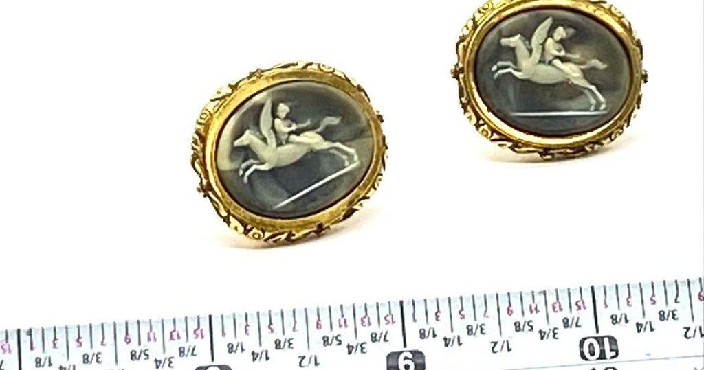 Vintage Gold Tone Pegasus Cameo Cuff Links | Blue Intaglio Mythology Revival Men's Accessories