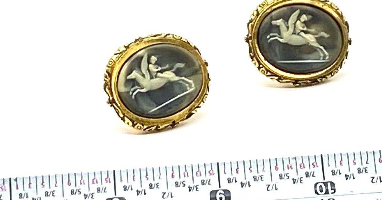 Vintage Gold Tone Pegasus Cameo Cuff Links | Blue Intaglio Mythology Revival Men's Accessories