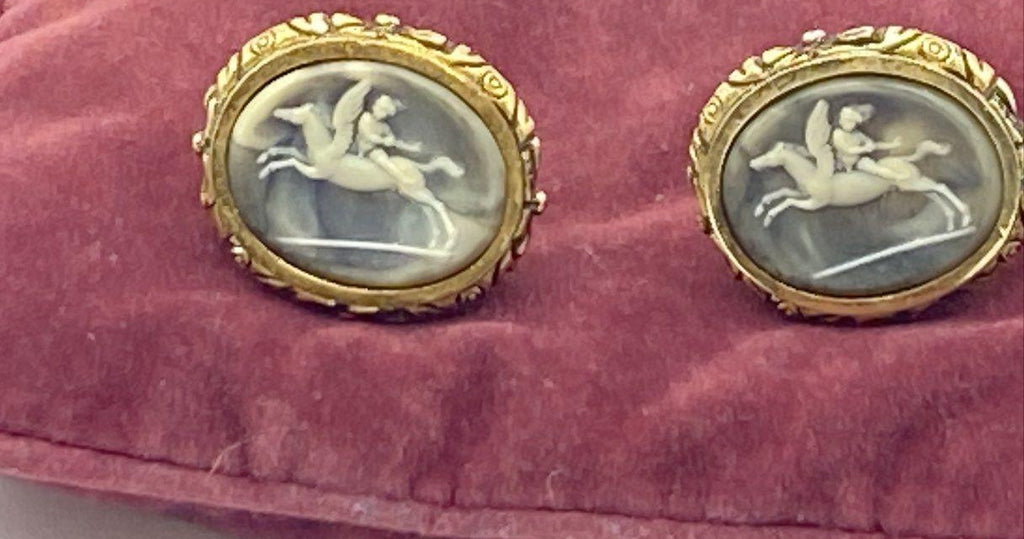 Vintage Gold Tone Pegasus Cameo Cuff Links | Blue Intaglio Mythology Revival Men's Accessories