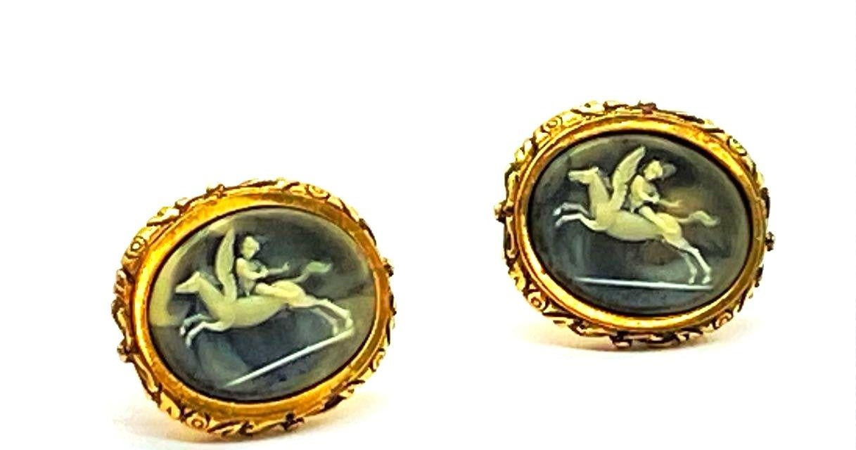 Vintage Gold Tone Pegasus Cameo Cuff Links | Blue Intaglio Mythology Revival Men's Accessories