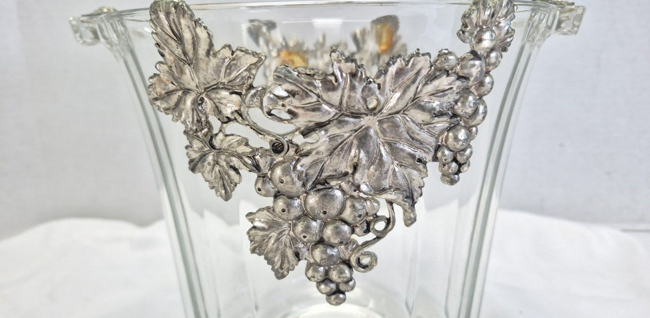 Vintage Arthur Court Style Grape Vine Glass Ice Bucket Made in France Silver Tone Wine Chiller