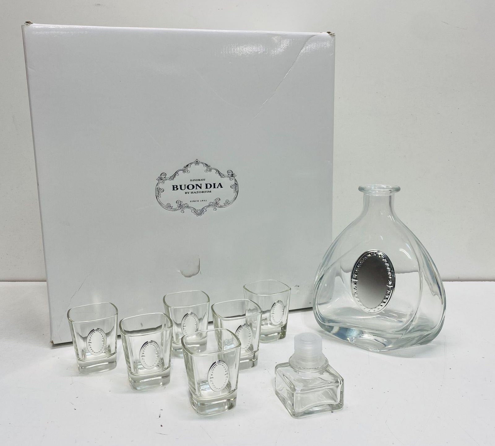 Vintage Hazorfim Buon Dia Glass Decanter and 6 Shot Glasses Gift Box Set