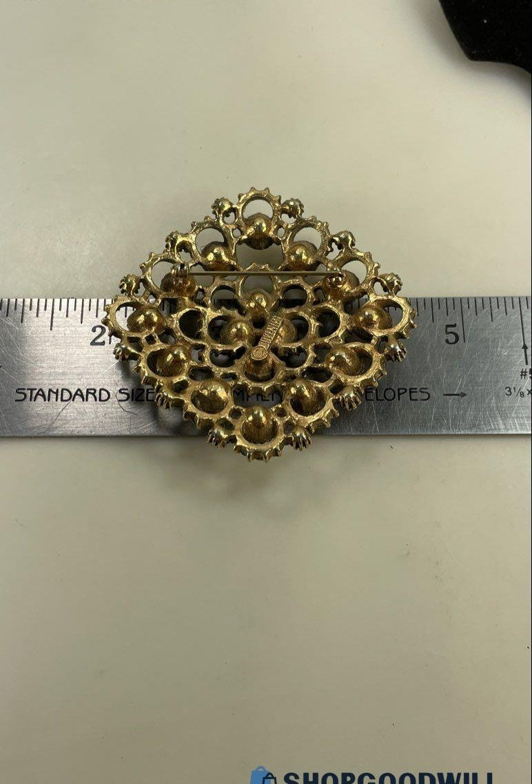 Sarah Coventry Gold Tone Filigree Diamond Brooch with Pink and Green Glass Gems