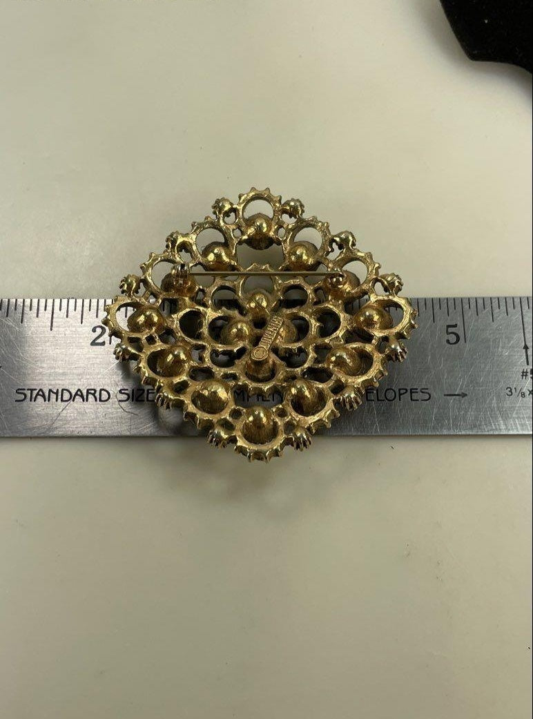 Sarah Coventry Gold Tone Filigree Diamond Brooch with Pink and Green Glass Gems
