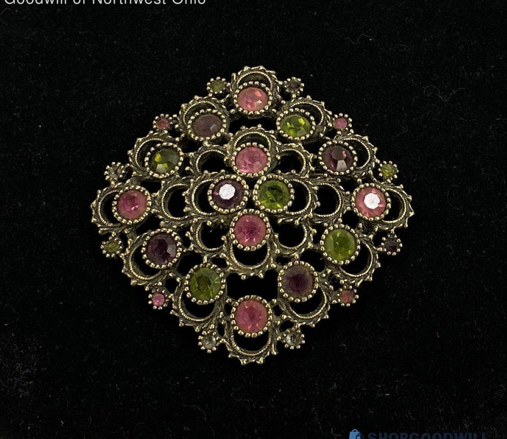 Sarah Coventry Gold Tone Filigree Diamond Brooch with Pink and Green Glass Gems