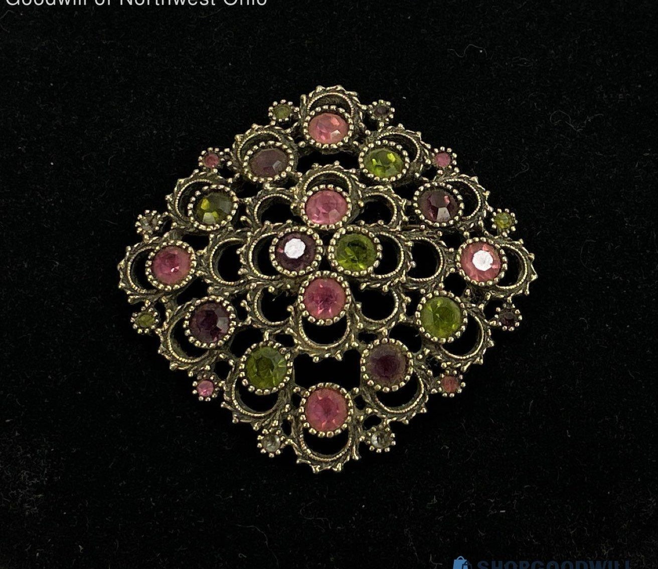 Sarah Coventry Gold Tone Filigree Diamond Brooch with Pink and Green Glass Gems