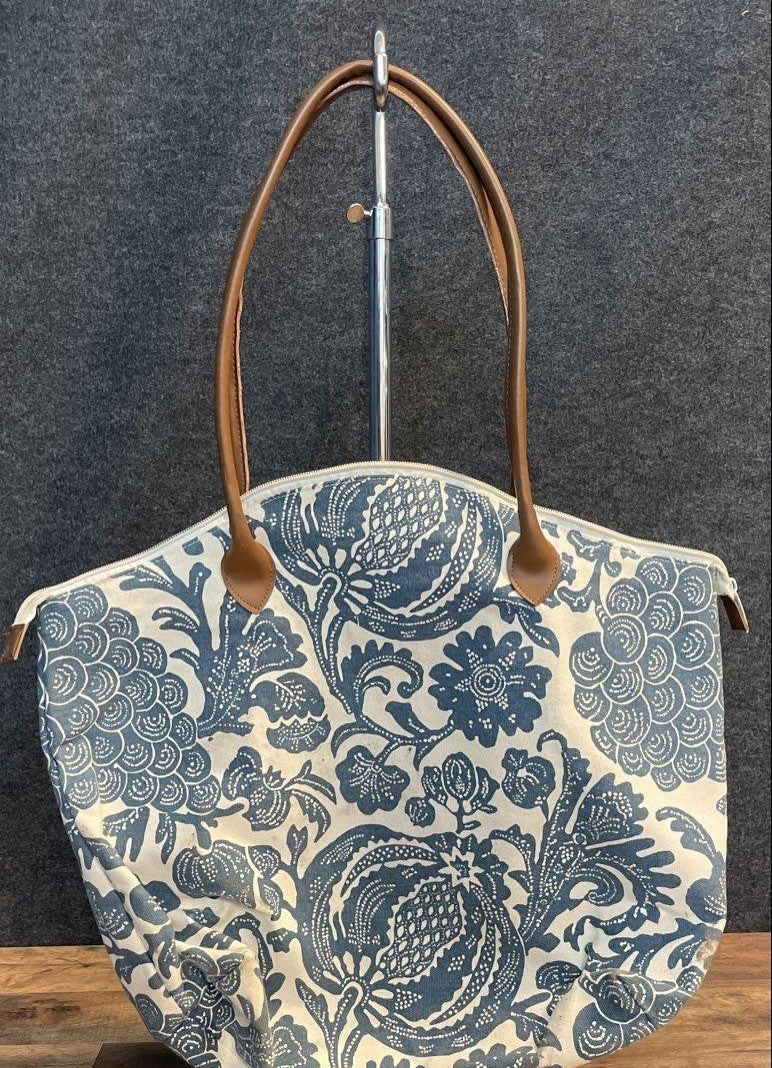 Two's Company Blue White Floral Canvas Tote Bag with Matching Pouch Set