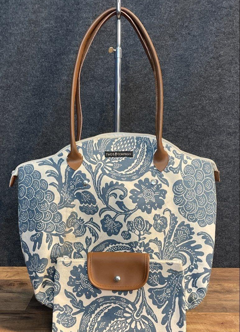 Two's Company Blue White Floral Canvas Tote Bag with Matching Pouch Set