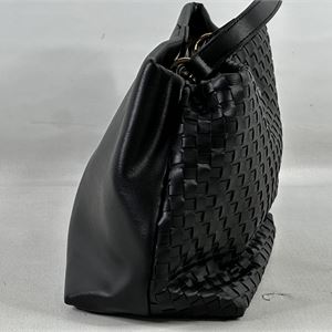 bebe Yara Woven Black Satchel Handbag 14 x 8 x 4 | Structured Logo Carryall