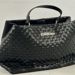 bebe Yara Woven Black Satchel Handbag 14 x 8 x 4 | Structured Logo Carryall