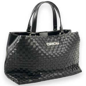 bebe Yara Woven Black Satchel Handbag 14 x 8 x 4 | Structured Logo Carryall