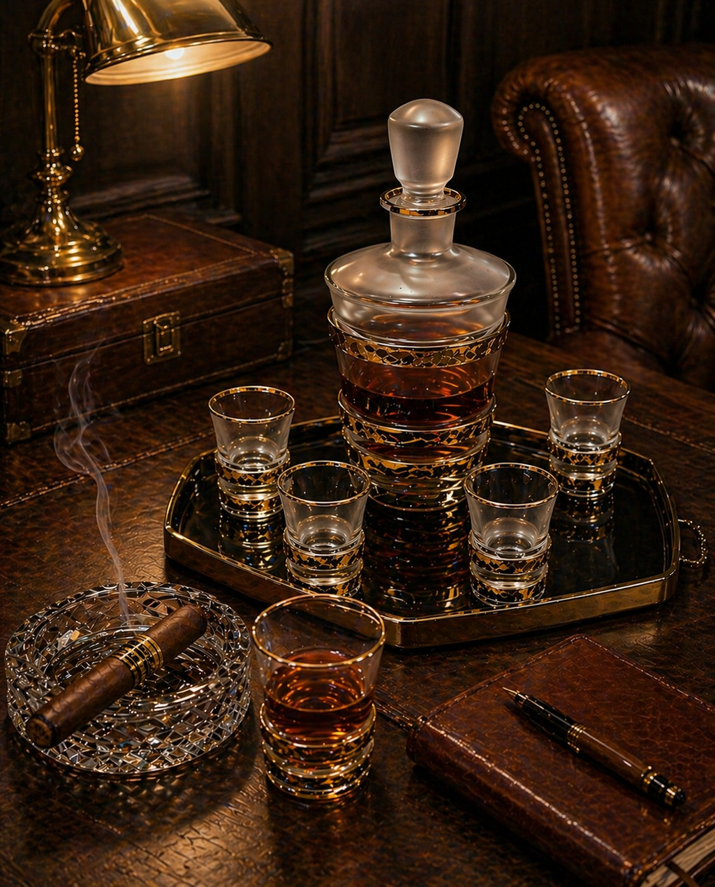 Mid-Century Frosted Glass Decanter and 5 Glasses, Gold Band