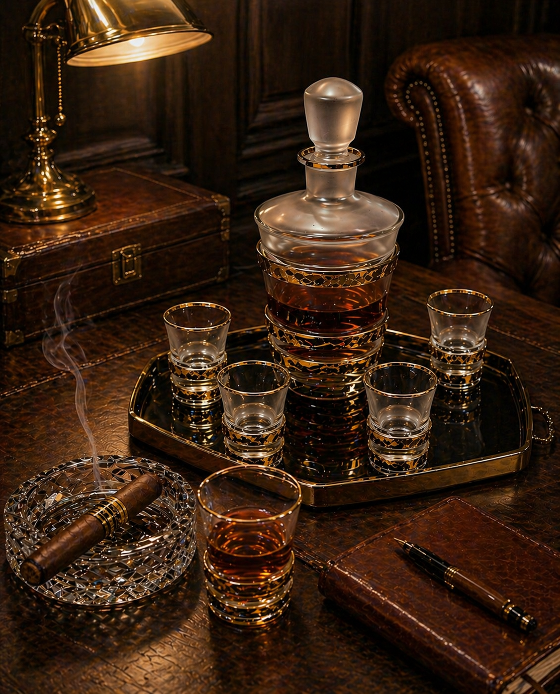 Frosted Glass Decanter Set with Gold Bands, 6-Piece Barware Set, Mid Century Style Whiskey Set with 5 Glasses