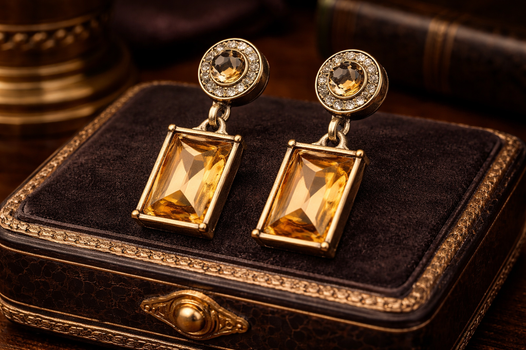 Heidi Daus Crystal Drop Earrings Gold Tone Rectangular Dangle Statement Designer Rhinestone