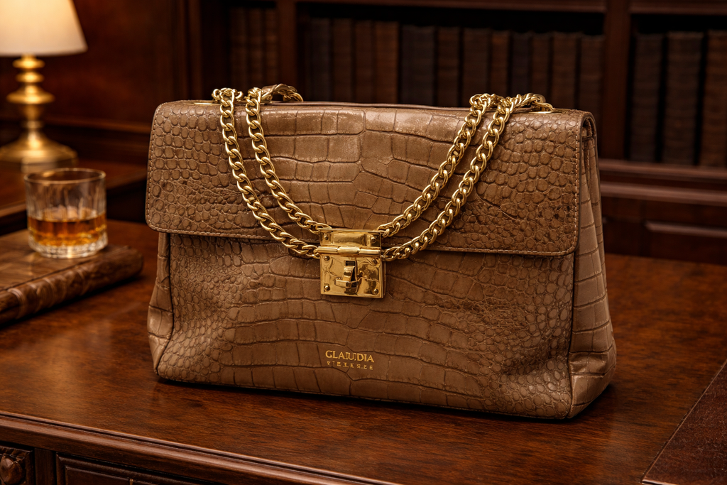 Claudia Firenze Italy Brown Croc Embossed Leather Shoulder Bag with Gold Lock Chain Strap