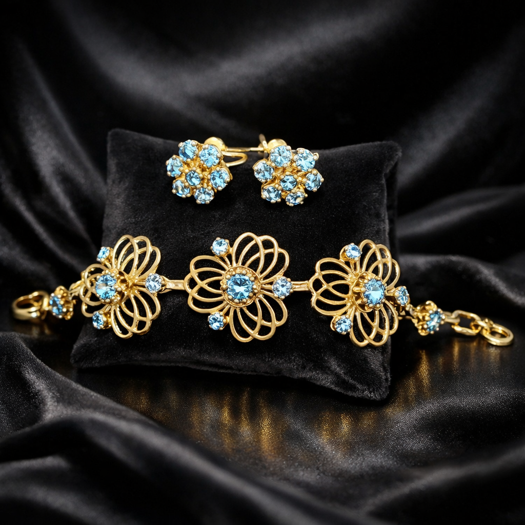 Vintage BSK Gold Tone Blue Rhinestone Bracelet and Clip Earrings Set | Floral Filigree Jewelry