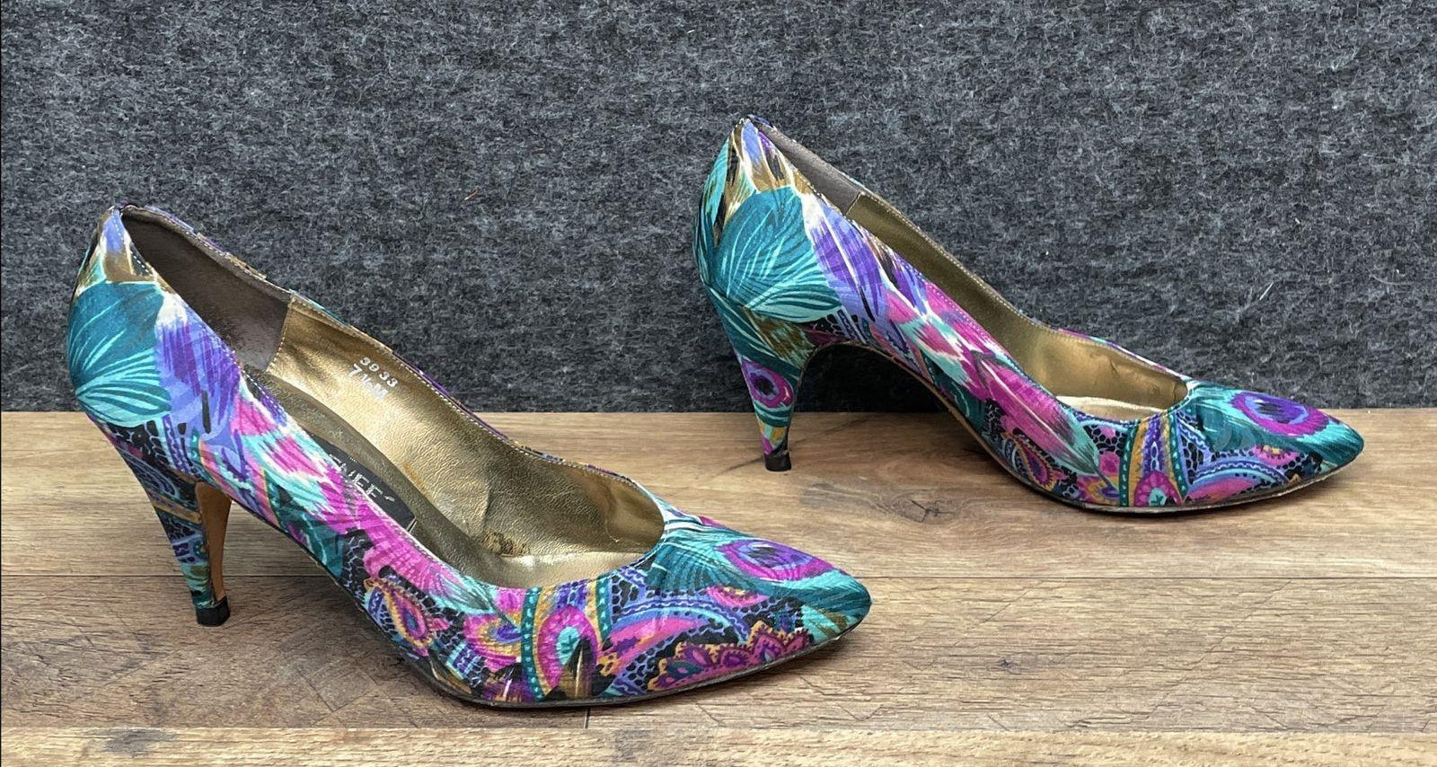 Vintage 90s J. Renee Couture Collection Peacock Print Pointed Toe Pumps Size 7.5