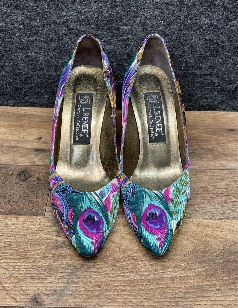 Vintage 90s J. Renee Couture Collection Peacock Print Pointed Toe Pumps Size 7.5