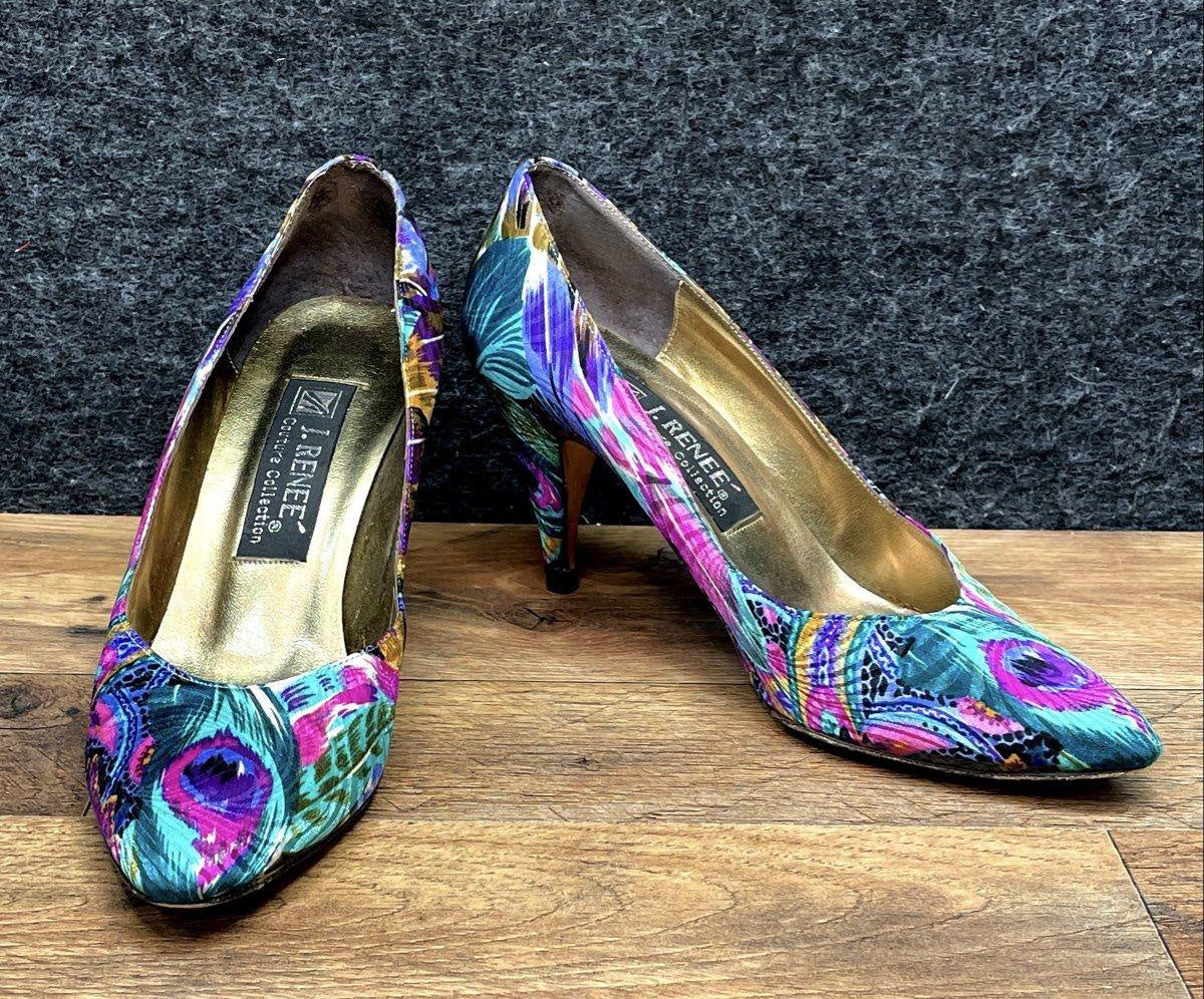 Vintage 90s J. Renee Couture Collection Peacock Print Pointed Toe Pumps Size 7.5