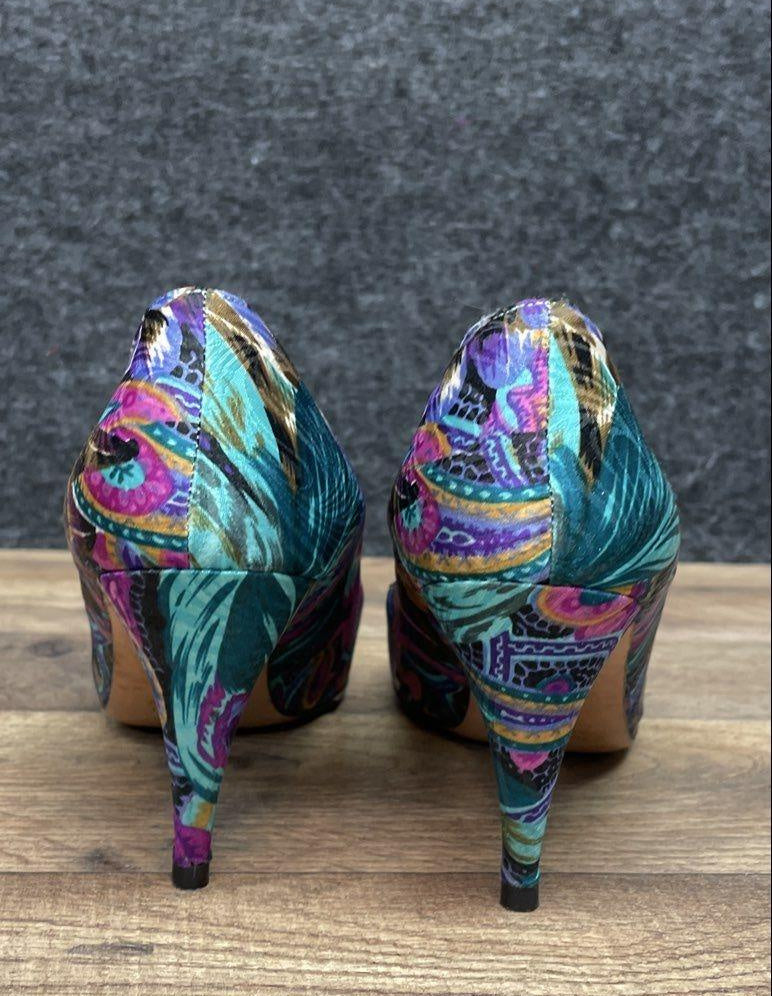 Vintage 90s J. Renee Couture Collection Peacock Print Pointed Toe Pumps Size 7.5