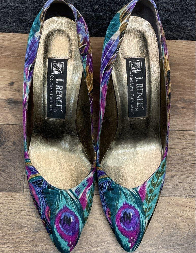 Vintage 90s J. Renee Couture Collection Peacock Print Pointed Toe Pumps Size 7.5