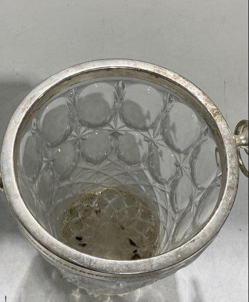 (NEED TO LOCATE PATTERN) Vintage Crystal Ice Bucket with Silver Plated Rim and Handles