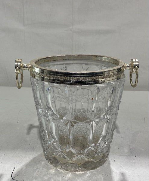 (NEED TO LOCATE PATTERN) Vintage Crystal Ice Bucket with Silver Plated Rim and Handles