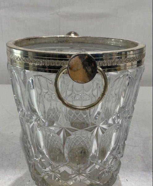 (NEED TO LOCATE PATTERN) Vintage Crystal Ice Bucket with Silver Plated Rim and Handles