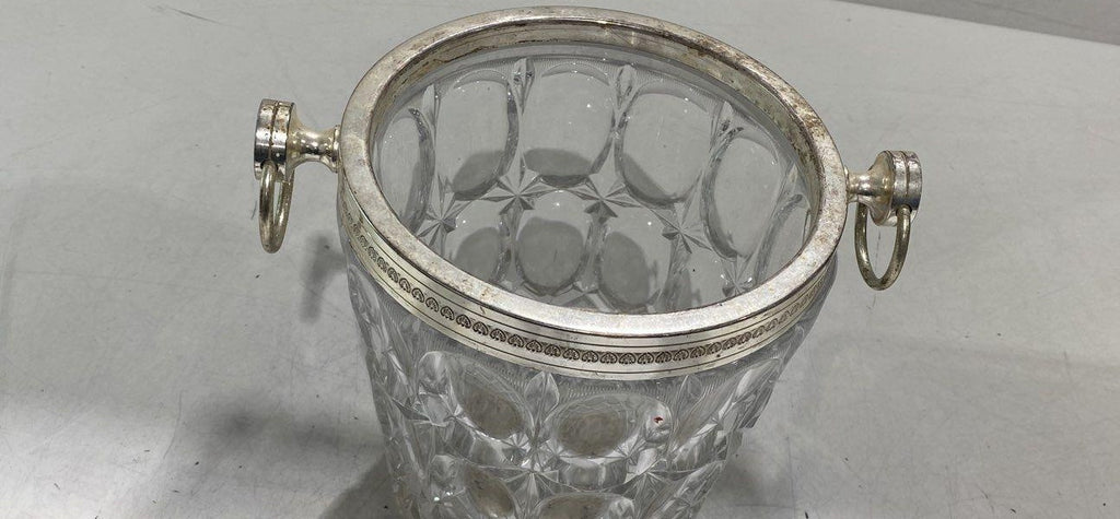 (NEED TO LOCATE PATTERN) Vintage Crystal Ice Bucket with Silver Plated Rim and Handles
