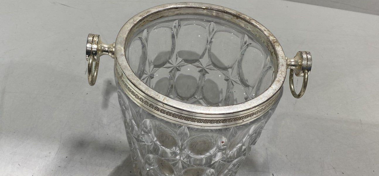 (NEED TO LOCATE PATTERN) Vintage Crystal Ice Bucket with Silver Plated Rim and Handles