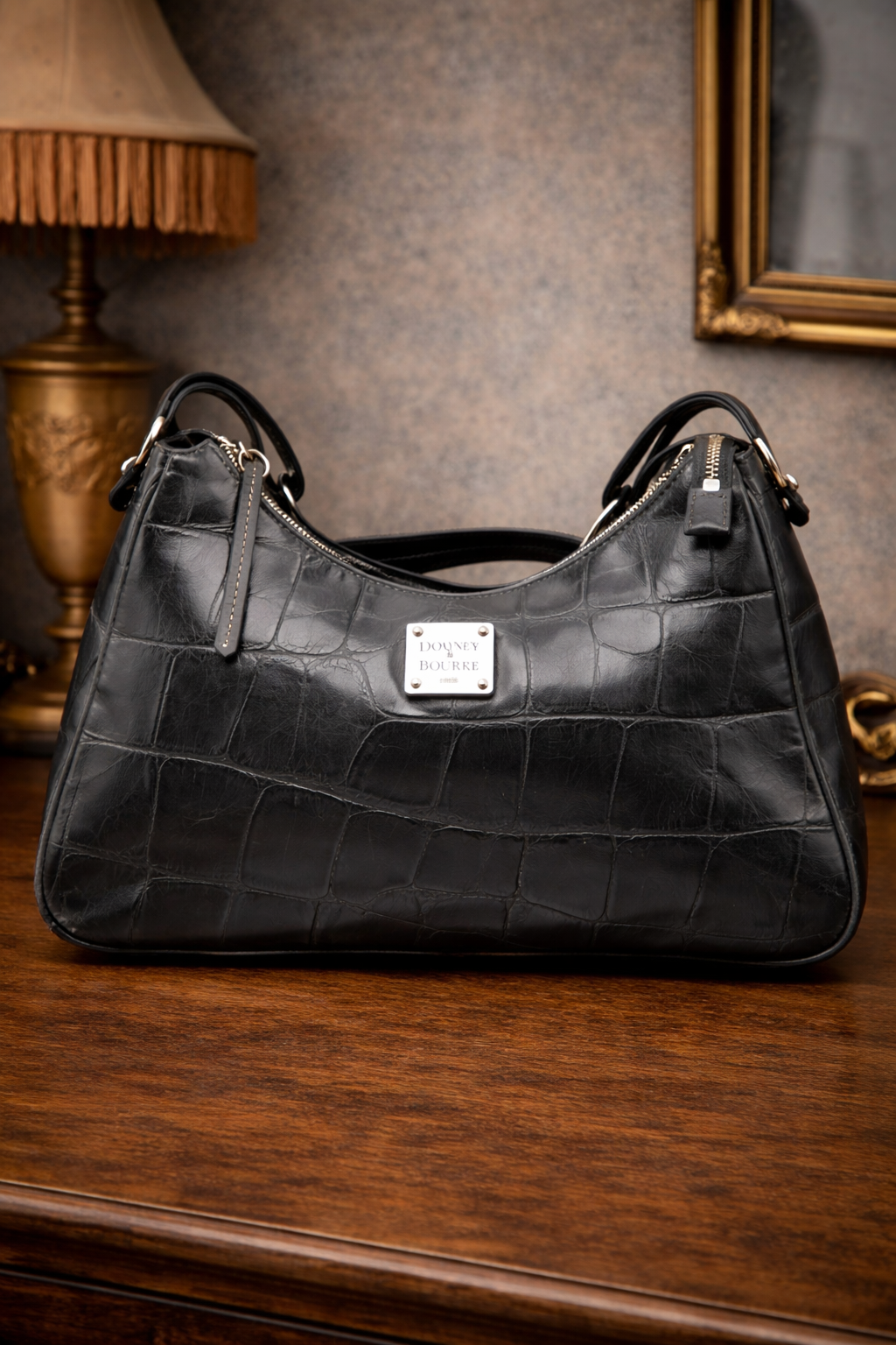 Vintage Dooney & Bourke Black Croc Embossed Leather Hobo Bag Structured Shoulder Purse