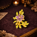 Gold Tone Floral Spray Brooch with Pink Rhinestone Flower and Leafy Branch Design