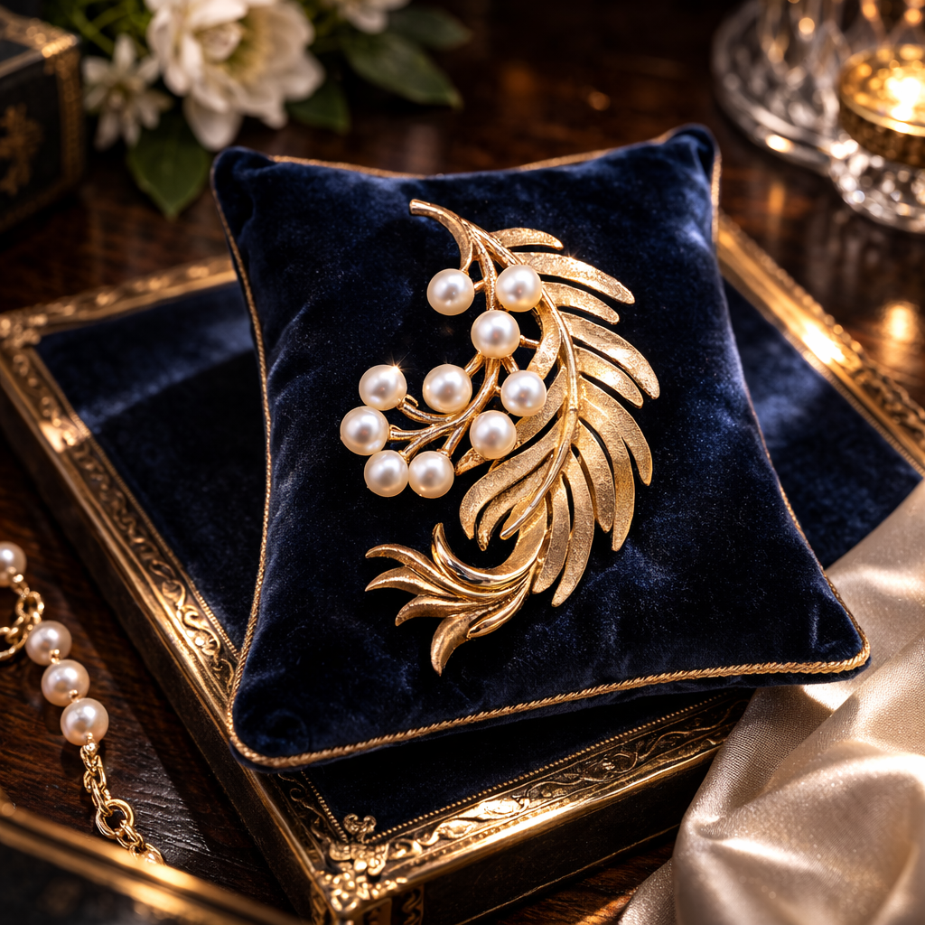 Vintage Crown Trifari Gold Tone Leaf Spray Brooch with Faux Pearl Cluster | Signed Botanical Fern Pin