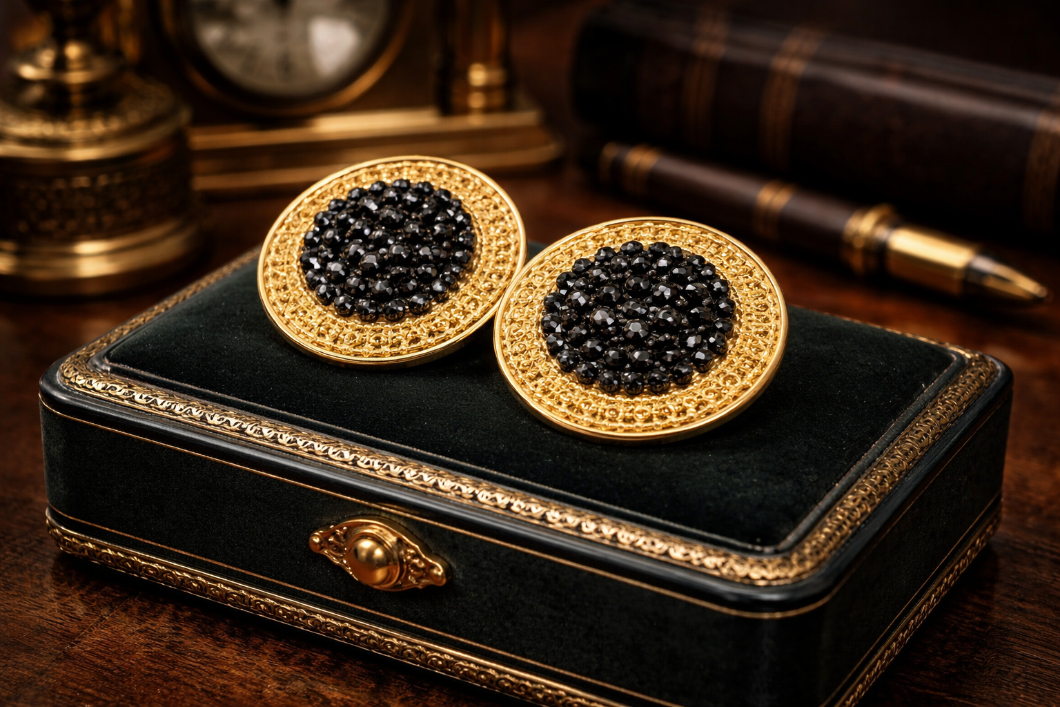 Richard Kerr Gold Tone Black Rhinestone Statement Clip Earrings Large Round Domed Designer Vintage