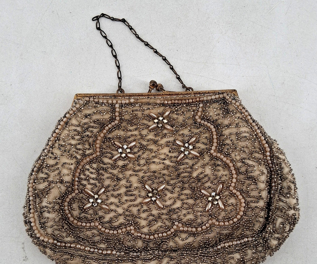 Vintage Touch of Nina Gold Mesh Evening Clutch with Chain Strap | Ornate Beaded Formal Bag