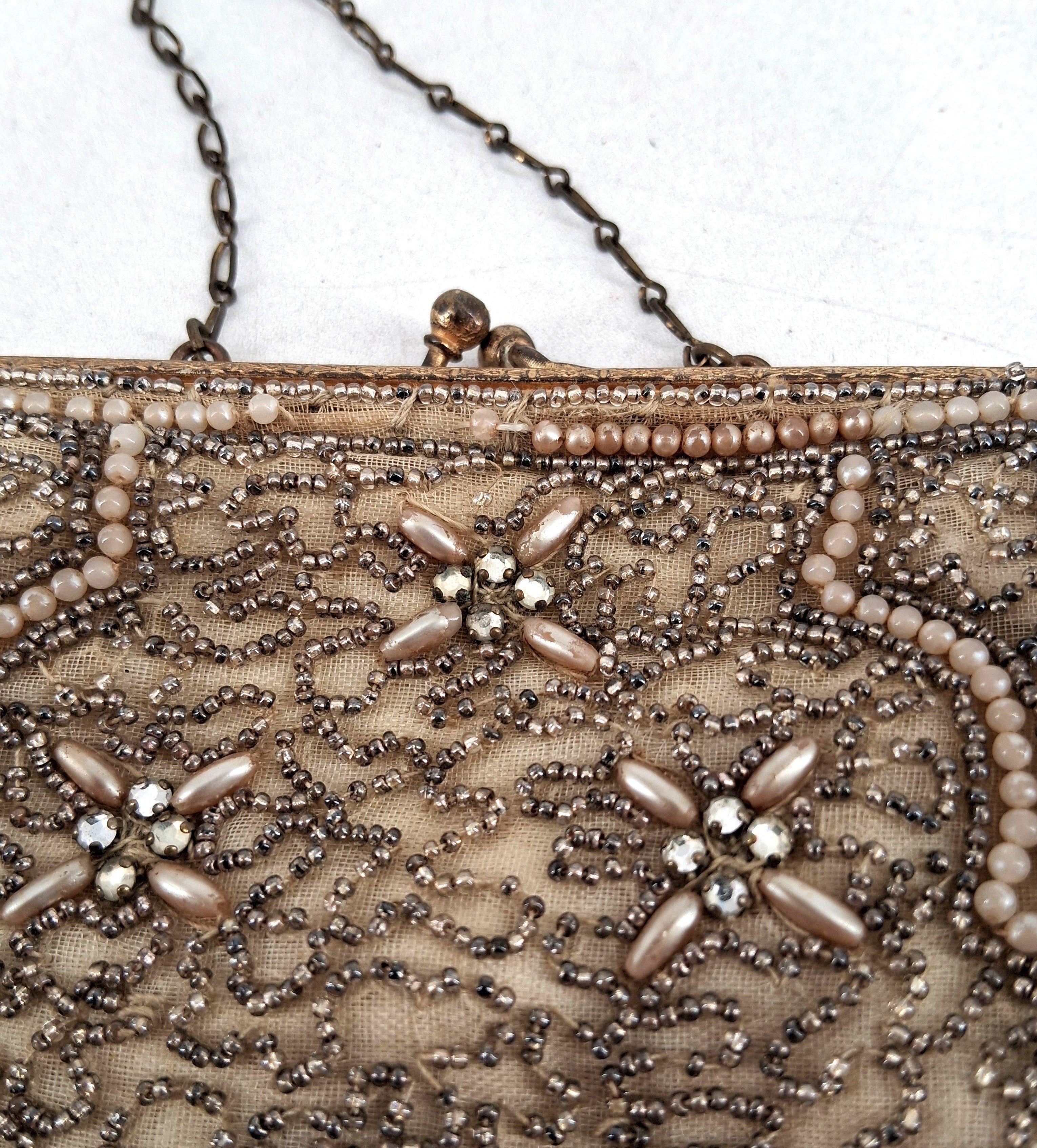 Vintage Touch of Nina Gold Mesh Evening Clutch with Chain Strap | Ornate Beaded Formal Bag