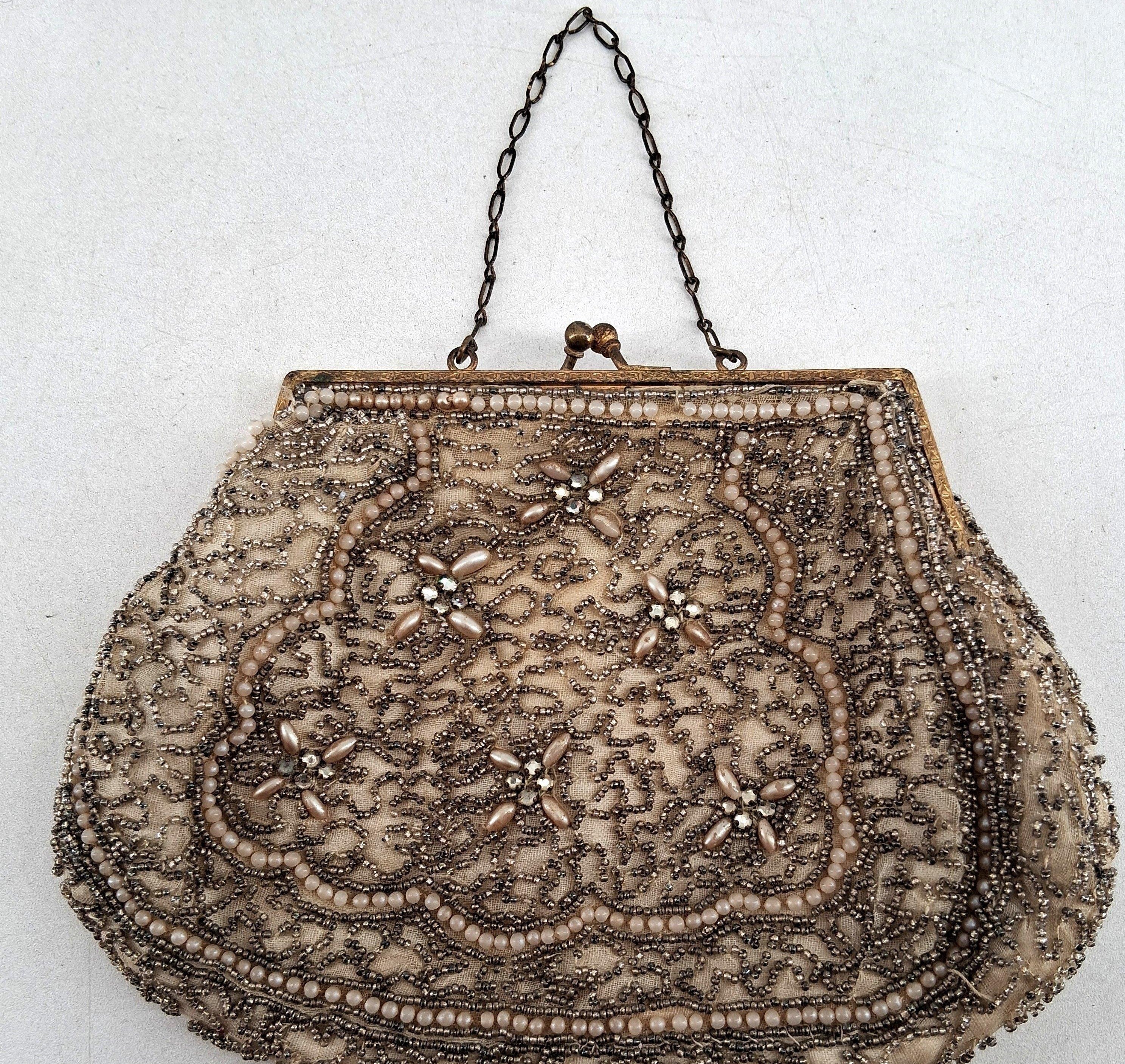 Vintage Touch of Nina Gold Mesh Evening Clutch with Chain Strap | Ornate Beaded Formal Bag