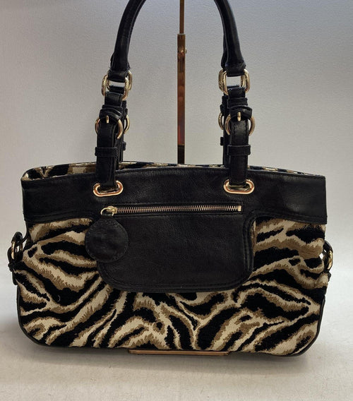 Antonio Melani Black & Tan Animal Print Jacquard Satchel, Leather Trim Shoulder Bag