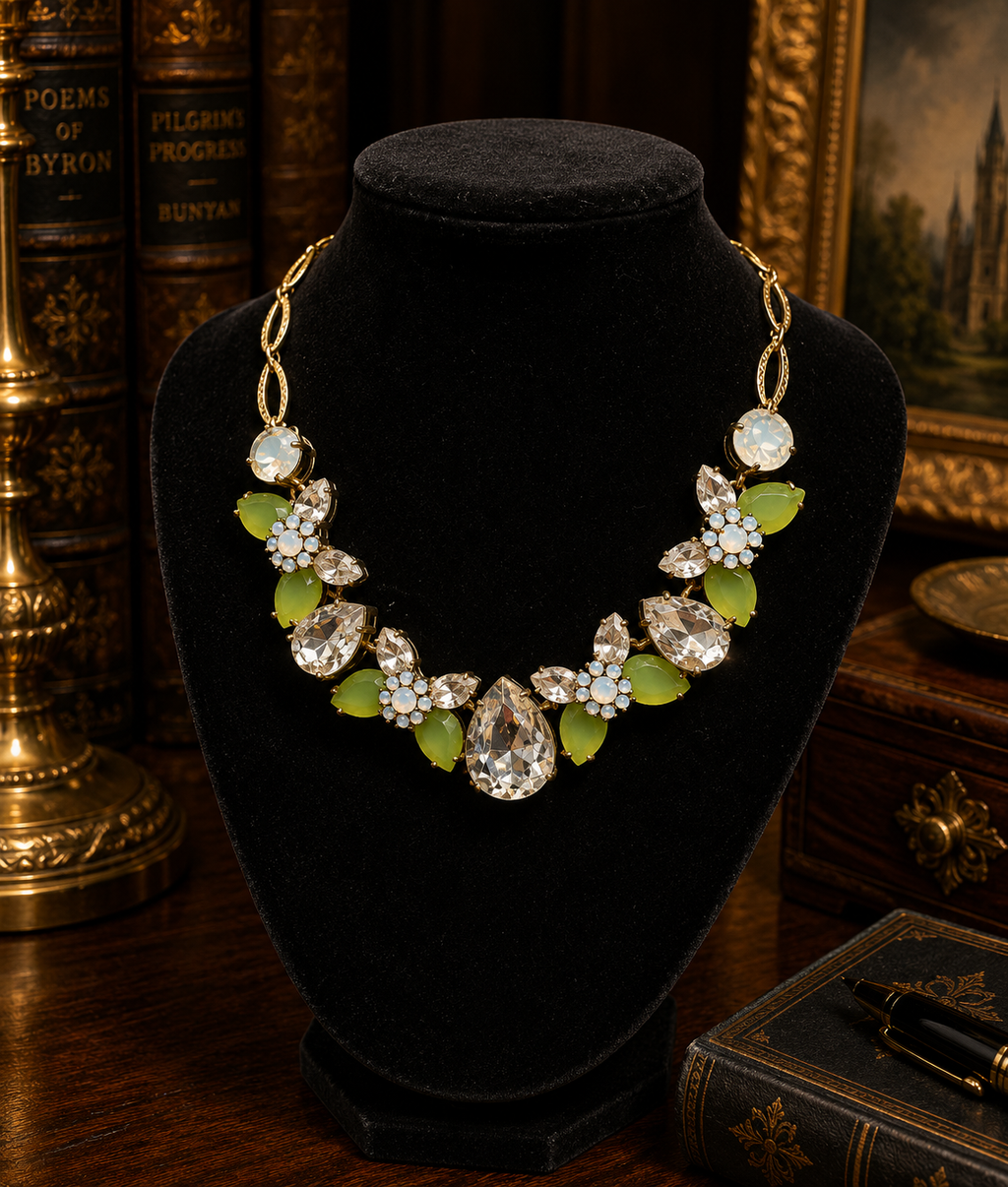 Green Rhinestone Bib Necklace Gold Tone Crystal Statement Jewelry