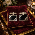 Vintage Swank Silver Tone Square Cufflinks with Black Inlay, Geometric Mid-Century Modern Mens Formal Jewelry