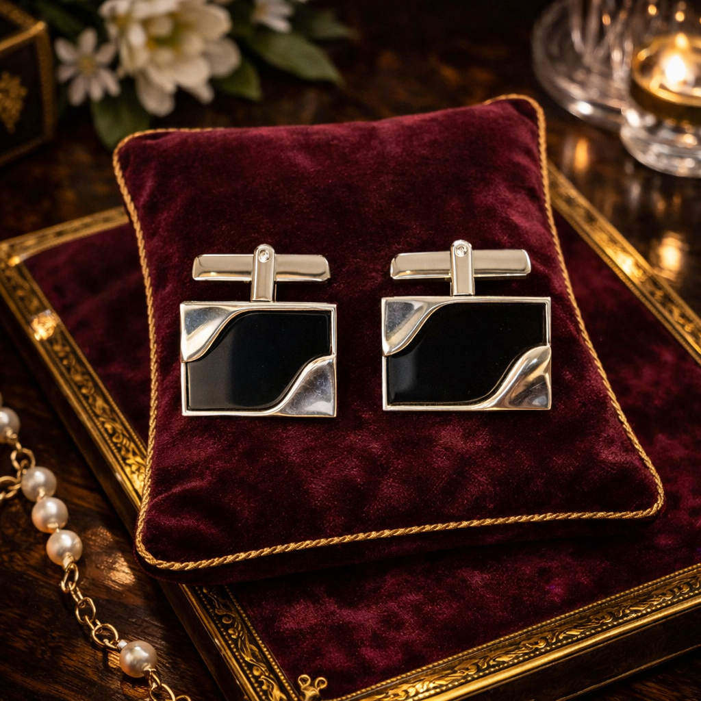 Vintage Swank Silver Tone Square Cufflinks with Black Inlay, Geometric Mid-Century Modern Mens Formal Jewelry