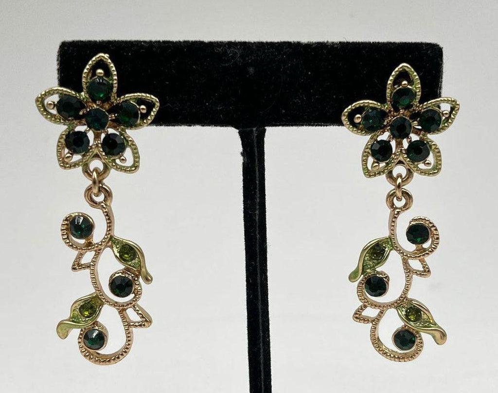Vintage Green Rhinestone Gold Tone Butterfly Floral Necklace and Earring Set